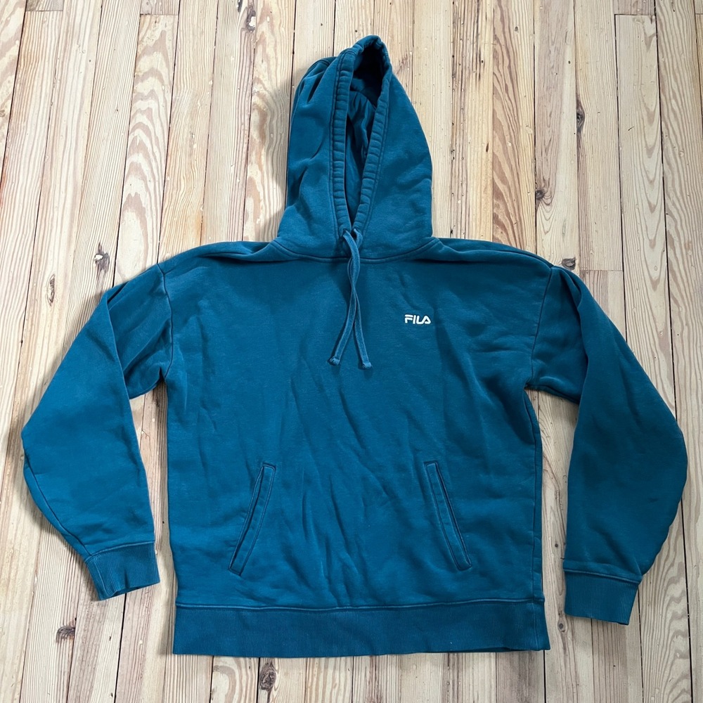Fila Teal Blue Hoodie Sweatshirt Pullover Front Pocket casual‎ Slim fit Size L